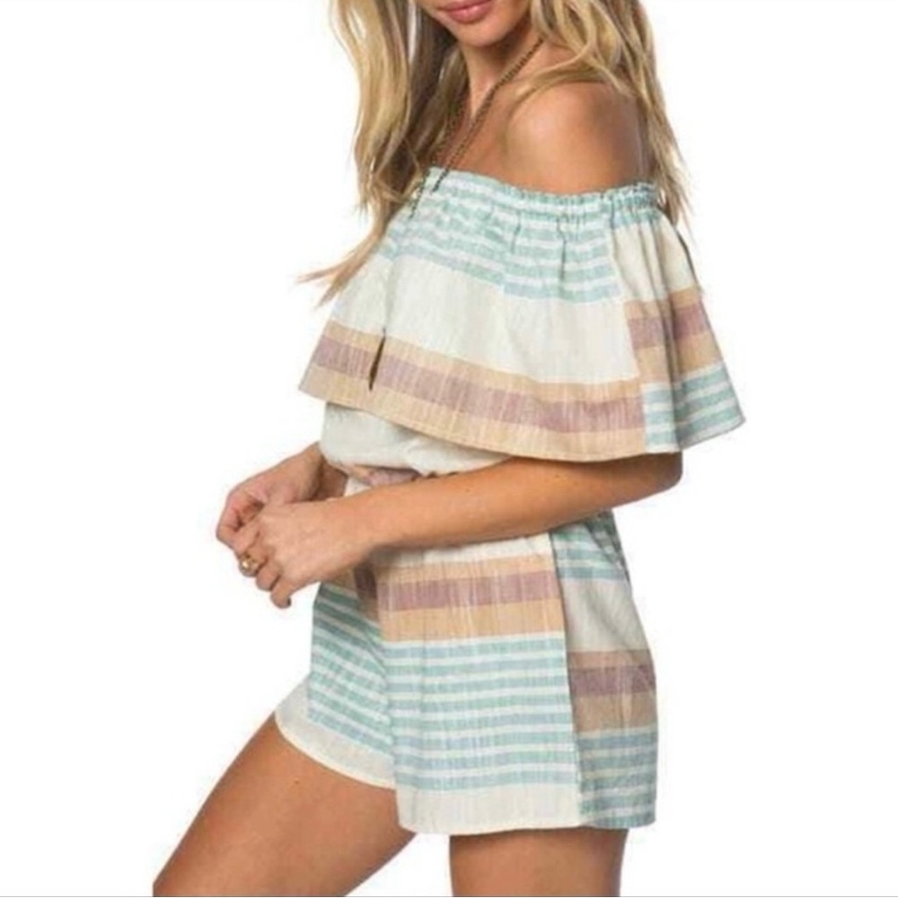 O’Neil Pearce Ruffled Romper Beige Striped Off Shoulder Woven Cotton